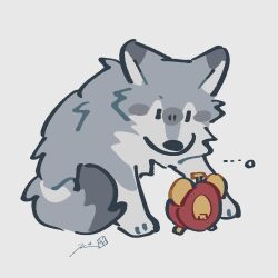  ... absurdres alarm_clock animal_focus clock commentary full_body grey_background highres no_humans original rinrinwolf signature simple_background wolf 