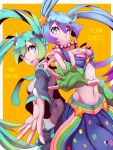  2girls :p absurdres ahoge azure_(capriccio) blue_eyes blue_hair breasts cleavage crossover green_hair hair_ornament hatsune_miku highres jewelry league_of_legends multiple_girls navel necklace necktie skirt smile sona_buvelle star_hair_ornament tattoo tongue tongue_out twintails vocaloid 