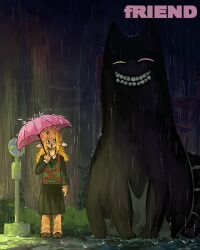  1girl 1other ^_^ animal_ears antlers black_skirt black_sweater blonde_hair blouse buck_teeth bugmael bus_stop bus_stop_sign cat cat_ears checkered_clothes checkered_sweater_vest checkered_vest closed_eyes collared_shirt deer_antlers deer_ears deer_girl deltarune extra_legs friend_(deltarune) furry furry_female grin heterochromia highres holding holding_umbrella hooves horns living_shadow long_hair long_skirt long_sleeves looking_at_another noelle_holiday parody pink_eyes pink_umbrella pleated_skirt rain reindeer_girl shirt sideways_glance skirt smile sweater sweater_vest teeth tonari_no_totoro tree two-tone_sweater_vest umbrella utdr_(toby_fox) vest white_shirt yellow_eyes 