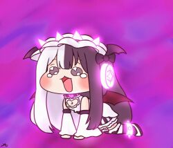  1girl 216 all_fours anklet beatmania_iidx bemani black_bow black_hair black_socks blush bow commentary_request demon_wings detached_sleeves dress full_body hair_bow headphones jewelry long_hair looking_at_viewer meme multicolored_hair open_mouth purple_background red_wings shoes sleeveless sleeveless_dress socks solar_eclipse_(bemani) solo speakiposting_(meme) spiked_anklet spikes split-color_hair tearing_up trickcal white_dress white_hair white_shoes white_sleeves wings 