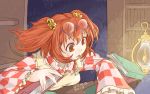  1girl apron artist_name bell book checkered dated glasses hair_bell hair_ornament japanese_clothes lantern motoori_kosuzu oniku_(o_ni_q) open_mouth red_eyes redhead short_hair solo touhou twintails 