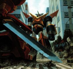  building burning burning_vehicle choukou_senki_kikaiou crosswalk dixen dust_cloud from_below helmet holding holding_sword holding_weapon huge_weapon imminent_fight kikaioh lamppost mariou_shogun_gourai mecha motor_vehicle motorcycle motorcycle_helmet official_art on_motorcycle overcast riding riding_motorcycle robot rubble sensei_haruki_suetsugu sky skyscraper super_robot sword weapon 