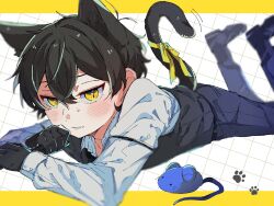  1boy animal_ears black_gloves black_hair black_pants black_vest blush cat_ears collared_shirt dress_shirt esse_series formal_clothes gloves highres kobayashi_luca legs_up looking_at_viewer lying on_stomach pants ptpttakosan ribbon shirt solo sweat tail tail_ornament tail_ribbon toy_mouse vest yellow_eyes 