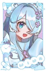  1girl aqua_eyes artist_name blue_hair border character_name elira_pendora fang hair_over_one_eye head_wings holyyyys jersey_maid looking_at_viewer maid maid_headdress nijisanji nijisanji_en portrait sleeves_past_fingers sleeves_past_wrists solo twitter_username unconventional_maid virtual_youtuber white_border wings 