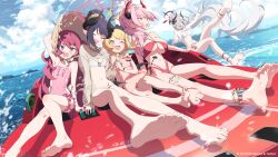  5girls akinashi_yuu barefoot bikini black_bow black_halo black_horns blonde_hair blue_archive blue_eyes blue_halo blue_sky boat bow braid breasts brown_shrug chiaki_(blue_archive) chiaki_(swimsuit)_(blue_archive) closed_eyes clothing_cutout clouds copyright_logo copyright_notice curved_horns day demon_girl demon_horns demon_tail demon_wings dress_swimsuit dutch_angle falling feet fishnet_shrug flat_chest fluffy_hair foot_focus foreshortening frilled_one-piece_swimsuit frilled_thigh_strap frills gradient_halo gradient_horns guest_art hair_bow hair_bun hair_ornament hair_over_shoulder halo hat highres holding_hands horns ibuki_(blue_archive) ibuki_(swimsuit)_(blue_archive) iroha_(blue_archive) iroha_(swimsuit)_(blue_archive) large_breasts legs logo long_hair low_twin_braids low_wings makoto_(blue_archive) makoto_(swimsuit)_(blue_archive) medium_breasts multicolored_halo multicolored_horns multiple_girls multiple_horns o-ring o-ring_bikini ocean official_alternate_costume official_alternate_hairstyle official_art on_boat one-piece_swimsuit one_eye_closed open_mouth outdoors pandemonium_society_(blue_archive) pink_hair pink_one-piece_swimsuit pointy_ears polka_dot polka_dot_bow polka_dot_swimsuit ponytail purple_halo red_bikini red_hair red_halo red_horns satsuki_(blue_archive) satsuki_(swimsuit)_(blue_archive) scrunchie second-party_source shrug_(clothing) side_cutout sitting sky slit_pupils soles straw_hat sun_hat swimsuit tail thigh_strap toenails toes twin_braids two-tone_horns water watercraft white_bikini wings yellow_eyes yellow_halo yellow_scrunchie 