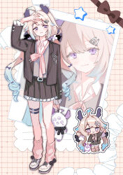  1girl :3 absurdres ahoge aloupeep_(enna_alouette) bird_tail blazer blush bow chibi dot_nose enna_alouette full_body hair_bow hand_on_own_head head_wings highres jacket lllll_(llllla3434) long_hair looking_at_viewer loose_socks low_twintails multiple_hair_bows multiple_thigh_straps multiple_views necktie nijisanji nijisanji_en pink_necktie pleated_skirt school_uniform skirt socks tail thigh_strap twintails violet_eyes virtual_youtuber wings 