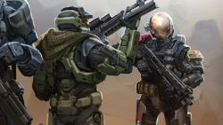  3boys anti-materiel_rifle armor bipod blue_armor carter-a259 combat_helmet combat_knife commentary cropped dry_grass emile-a239 english_commentary explosive full_armor green_armor green_helmet grenade gun halo:_reach halo_(series) haze helmet holding holding_gun holding_weapon jun-a266 knife knife_sheath m45_shotgun military mismatched_pauldrons multicolored_armor multiple_boys orange_assault_visor outdoors pauldrons power_armor pump_action reflective_assault_visor rifle rock scarf science_fiction scope sheath sheathed shotgun shoulder_armor skull_print sniper_rifle soldier soul_ant19 spartan_(halo) srs99 standing weapon 