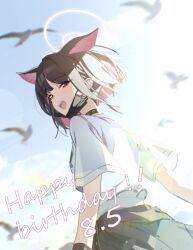  1girl absurdres bird black_choker black_hair black_mask blue_archive blush choker clouds commentary_request highres kazusa_(blue_archive) looking_at_viewer looking_back mask mask_pull mouth_mask multicolored_hair open_mouth p1n pink_hair short_hair short_sleeves skirt sky smile solo standing surgical_mask two-tone_hair white_background wristband 