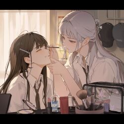  2girls applying_another's_makeup applying_makeup baseball_cap bedroom blurry blurry_foreground brown_hair brown_necktie closed_eyes collared_shirt compact_(cosmetics) concentrating cosmetics grey_hair grin hair_ornament hairclip hat highres holding indoors letterboxed lipstick_tube long_hair looking_at_another makeup_brush multiple_girls myabit necktie original school_uniform shirt sitting sitting_on_lap sitting_on_person small_sweatdrop smile squeeze_bottle straight_hair unworn_hat unworn_headwear white_shirt 