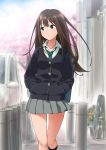  1girl brown_hair cardigan green_eyes hands_in_pockets highres idolmaster idolmaster_cinderella_girls ikesin jewelry long_hair necklace necktie school_uniform shibuya_rin skirt solo 