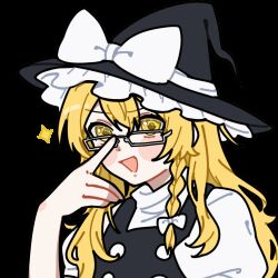  1girl animated animated_gif bespectacled black_hat black_vest blonde_hair blush bow braid commentary_request glasses grey-framed_eyewear hair_bow hat hat_bow highres hinohari_(user_wzxk7585) kirisame_marisa long_hair looking_at_viewer side_braid simple_background single_braid solo talking touhou transparent_background upper_body vest white_bow witch_hat yellow_eyes 