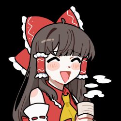  1girl ^_^ animated animated_gif ascot blush bow brown_hair closed_eyes commentary_request cup detached_sleeves frilled_bow frilled_hair_tubes frills hair_bow hair_tubes hakurei_reimu highres hinohari_(user_wzxk7585) holding holding_cup long_hair looping_animation red_bow ribbon-trimmed_sleeves ribbon_trim simple_background solo talking touhou transparent_background yapping yellow_ascot yunomi 