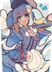  1girl :d apron beret blue_dress blue_eyes blue_hair blush border bright_pupils brown_hat commentary_request cookie_hair_ornament cowboy_shot double-parted_bangs dress food-themed_hair_ornament frilled_apron frills grey_background hair_between_eyes hair_ornament hat hatsune_miku highres holding holding_tray long_hair long_sleeves looking_at_viewer necktie notice_lines open_mouth outside_border pink_necktie rabbit_yukine simple_background smile solo tetenka tray twintails twitter_username very_long_hair vocaloid white_apron white_border white_pupils wide_sleeves yuki_miku yuki_miku_(2026) 
