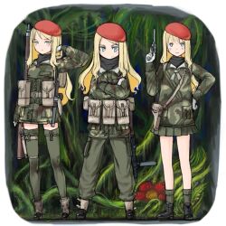  3girls ammunition_pouch bayonet beret black_scarf blonde_hair blue_eyes boots border cargo_pants coat flower gun hair_ornament hairclip hand_in_own_hair hat holster jungle light_blush load-bearing_vest long_hair military military_uniform multiple_girls nature original pants plant pouch red_hat revolver rifle scarf standing submachine_gun thigh-highs vines weapon weapon_request white_border y_(khakiyawn) 