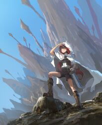  1girl arm_up armor black_shorts boots brown_armor brown_boots chest_guard cloak collared_shirt cyclecircle english_commentary eris_greyrat from_below hair_between_eyes highres holding holding_sword holding_weapon hood hood_up hooded_cloak leather_armor long_hair looking_afar mountain mushoku_tensei on_rock red_hair shading_eyes shin_guards shirt shorts sleeves_rolled_up solo sword weapon white_cloak white_shirt wide_shot 