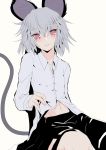  1girl adapted_costume alternate_costume animal_ears blush grey_hair highres ishikkoro long_sleeves looking_at_viewer midriff mouse_ears mouse_tail navel nazrin parted_lips red_eyes shirt shirt_lift short_hair simple_background sitting skirt solo tail touhou vest white_background 