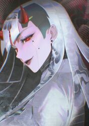  1girl android commentary highres horns jacket kimchoonbae long_hair mechanical_eyes multicolored_hair omnic overwatch patterned_hair red-eye_effect red_eyes red_horns red_lips robot_girl robot_hair shion_(overwatch) skin_seams smile suit urna white_hair white_jacket white_suit 