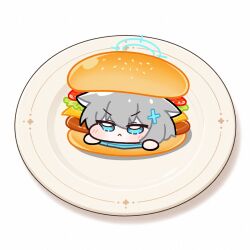  1girl :< blue_archive blue_eyes blue_halo blue_scarf blush burger chibi chibi_only closed_mouth commentary cross_hair_ornament english_commentary food full_body grey_hair hair_between_eyes hair_ornament halo highres in_food mini_person minigirl nogumaru plate scarf shiroko_(blue_archive) short_hair simple_background solo v-shaped_eyebrows white_background 