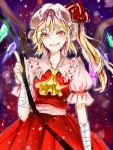  1girl artist_name ascot bandages blonde_hair flandre_scarlet hat laevatein light_particles open_mouth red_eyes ribbon rosette_(roze-ko) short_hair side_ponytail sketch smile solo touhou wings 