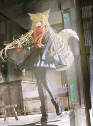  1girl alternate_costume animal_ear_fluff animal_ears arknights black_boots black_cloak black_pantyhose black_shirt black_skirt blonde_hair boots cloak dutch_angle flower fox_ears fox_girl fox_tail full_body gloves highres holding holding_flower indoors long_hair looking_at_viewer ns404 orange_eyes pantyhose pleated_skirt red_gloves red_scarf scar scar_on_cheek scar_on_face scarf shirt skirt solo standing tail vulpisfoglia_(arknights) 