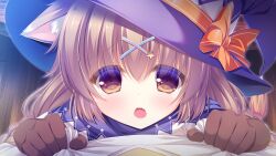  1boy 1girl animal_ears bow brown_eyes brown_gloves brown_hair cat_ears ciel_(hoshi_furu_yoru_no_farnese) clothes_grab fang game_asset gloves grabbing_another's_shirt hair_ornament hat hoshi_furu_yoru_no_farnese indoors looking_at_viewer lying non-web_source on_back open_mouth personification purple_hat purple_shirt red_bow self-datamine shirt white_shirt witch_hat wooden_wall x_hair_ornament yukie_(peach_candy) 