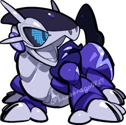  black_sclera blue_eyes chibi chibi_only colored_sclera commentary_request english_commentary full_body kawaanago lowres miraidon mixed-language_commentary non-humanoid_robot open_mouth pixel_eyes pokemon pokemon_(creature) pokemon_focus robot solo transparent_background twitter_username 