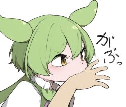  1girl 1other :3 biting biting_another's_hand commentary_request double-parted_bangs green_hair hair_between_eyes highres long_hair shirt simple_background solo_focus tokimotoinui upper_body v-shaped_eyebrows voicevox white_background white_shirt yellow_eyes zundamon 