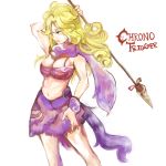 1girl ayla_(chrono_trigger) bandeau blonde_hair bracelet breasts caveman chrono_trigger cleavage copyright_name curly_hair fur green_eyes highres holding jewelry kobiya long_hair navel polearm simple_background skirt solo spear weapon white_background 