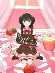  1girl :3 absurdres alternate_costume bare_shoulders black_hair blunt_bangs blunt_ends blush bow bowtie box brown_eyes brown_shoes brown_skirt candy checkered_floor cherry chocolate closed_mouth commentary_request cupcake enmaided food frilled_skirt frilled_thighhighs frills fruit full_body hair_bow hanamaru1705 happy_valentine heart-shaped_box highres holding holding_sign idolmaster idolmaster_shiny_colors indoors lollipop long_hair long_ribbon looking_at_viewer maid maid_headdress mayuzumi_fuyuko on_floor pink_ribbon pink_skirt red_bow red_bowtie ribbon shoes sidelocks sign sitting skirt smile solo split_mouth straight-on straight_hair strawberry striped_clothes striped_skirt thigh-highs tile_floor tiles two-tone_skirt two_side_up valentine vertical-striped_clothes vertical-striped_skirt wariza white_thighhighs zettai_ryouiki 