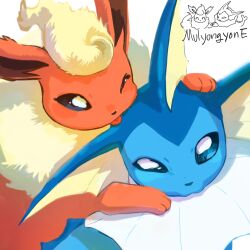  blue_eyes close-up fins flareon head_fins highres korean_commentary mulyongyone no_humans one_eye_closed pokemon pokemon_(creature) simple_background tongue tongue_out vaporeon white_background 