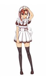  1girl adjusting_hair apron ayase_momo black_skirt black_thighhighs bow bowtie brown_eyes brown_hair brown_shoes dandadan full_body highres looking_to_the_side maid maid_apron maid_headdress official_alternate_costume official_art puffy_short_sleeves puffy_sleeves shoes short_sleeves shounen_jump simple_background skirt standing tatsu_yukinobu thigh-highs two-tone_skirt white_background white_skirt 