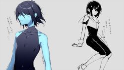  1other androgynous armor black_bodysuit black_hair blue_skin bodysuit boots cape colored_skin commentary_request covered_navel deltarune gloves high_heel_boots high_heels hp_nokoketaetouyona kris_(dark_world)_(deltarune) kris_(deltarune) other_focus partially_colored short_hair simple_background skin_tight sleeveless sleeveless_bodysuit utdr_(toby_fox) 