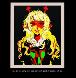  1girl animal_ears antlers black_shirt blonde_hair brown_eyes buck_teeth checkered_clothes checkered_sweater_vest collared_shirt deer_antlers deer_ears deer_girl deltarune english_text green_sweater_vest highres horns long_hair noelle_holiday picture_frame saturated shirt softngentle solo sweater_vest teeth utdr_(toby_fox) white_shirt 