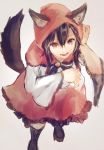  1girl adapted_costume alternate_costume animal_ears boots brown_hair colored dress grey_background hood imaizumi_kagerou jewelry kazusa_(_0576861614433) little_red_riding_hood little_red_riding_hood_(cosplay) long_hair long_sleeves looking_at_viewer red_eyes simple_background sketch solo tail touhou wide_sleeves wolf_ears wolf_tail 