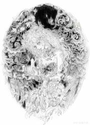  1girl absurdly_long_hair absurdres angel angel_wings border chinese_commentary chroma-ode_(shining_nikki) commentary_request cowboy_shot desolation's_grace_(shining_nikki) downturned_eyes dress elaborate_wings expressionless eyelashes feathered_wings feathers flower flower_dress flower_halo flower_wreath gem_hair_ornament greyscale hair_flower hair_ornament head_tilt highres holding holding_mini_person liangyi_yuehua long_hair looking_at_another mini_person minigirl monochrome nail_polish nikki_(series) picture_frame round_border shining_nikki size_difference solo strapless strapless_dress very_long_hair watermark wavy_hair weibo_watermark wings 
