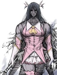  1boy azrael_(fate) bags_under_eyes black_eyes boots commentary cosplay dress fate/grand_order fate_(series) gloves grey_hair highres holding holding_wand illyasviel_von_einzbern long_hair male_focus mcpc_zamurai pink_dress prisma_illya prisma_illya_(cosplay) scar scar_on_cheek scar_on_face thigh_boots thigh_strap untranslatable_commentary wand white_gloves 