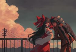  2conut 2girls bird_wings black_hair black_wings bow brown_eyes brown_hair brown_hat brown_jacket brown_pants chinese_commentary clouds commentary_request detached_sleeves evening facing_another flat_cap frilled_hair_tubes frills hair_bow hair_tubes hakurei_reimu hat hauchiwa highres jacket long_hair long_sleeves looking_at_another multiple_girls open_mouth pants pointy_ears red_bow red_skirt shameimaru_aya shameimaru_aya_(newsboy) skirt skirt_set smile touhou utility_pole wings 