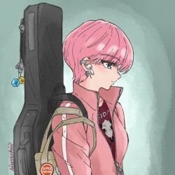  1girl airpods alternate_hair_length_(shorter) alternate_hairstyle aqua_eyes bag bocchi_the_rock! brown_bag closed_mouth commentary ear_piercing english_commentary eyelashes gotoh_hitori guitar_case highres instrument_case instrument_case_on_back jacket partially_unzipped piercing pink_hair pink_jacket pixie_cut red_shirt rinsachii shirt short_hair signature smile solo track_jacket very_short_hair wireless_earphones 