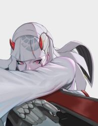  1girl absurdres android commentary english_commentary gun highres holding holding_gun holding_weapon horns ijaehui88305 long_hair omnic overwatch red_horns shion_(overwatch) simple_background solo weapon 