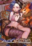  1girl bare_shoulders blue_hair braid breasts cleavage crop_top cushion danann denim denim_shorts fishnet_legwear fishnets flat_chest gnar_(league_of_legends) jinx_(league_of_legends) league_of_legends long_hair looking_at_viewer midriff pink_eyes shorts single_thighhigh sitting tattoo thigh-highs thighs twin_braids very_long_hair 