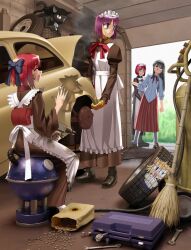  4girls android apron bamboo_broom black_cat black_hair blue_eyes broom car cat closed_eyes commentary english_commentary garage hairband highres hisui_(tsukihime) indoors juliet_sleeves kohaku_(tsukihime) korrubalt len_(cat)_(tsukihime) len_(tsukihime) long_hair long_skirt long_sleeves maid maid_headdress mecha_hisui motor_vehicle multiple_girls neco-arc puffy_sleeves red_hair red_skirt short_hair sitting skirt sleepy standing tohno_akiha tsukihime white_apron white_hairband 