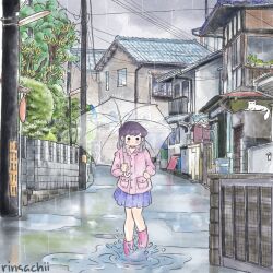  1girl artist_name black_eyes blue_skirt blush boots building cat clouds cloudy_sky commentary english_commentary full_body highres holding holding_umbrella house jacket komi-san_wa_komyushou_desu komi_shouko long_sleeves medium_hair no_mouth outdoors pink_boots pink_jacket puddle purple_hair rain rinsachii sidelocks sign skirt sky solo splashing transparent transparent_umbrella tree umbrella utility_pole window 