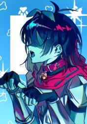  0916psy 1other absurdres androgynous animal_collar animal_ears armor blue_hair blue_skin breastplate cape collar colored_skin commentary deltarune dog_ears fingerless_gloves gauntlets gloves hair_between_eyes highres kris_(dark_world)_(deltarune) kris_(deltarune) other_focus paw_pose paw_print paw_print_background red_cape red_collar shaded_face short_hair simple_background sparkle_background tongue tongue_out untranslatable_commentary utdr_(toby_fox) 