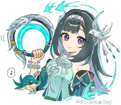  1girl bare_shoulders bird_hair_ornament black_hair bracelet breasts chakram closed_mouth colored_inner_hair commentary_request cropped_torso detached_sleeves dress genshin_impact green_dress hair_ornament holding holding_chakram holding_weapon jewelry lan_yan_(genshin_impact) long_hair looking_at_viewer medium_breasts multicolored_hair musical_note nanase_sato non-humanoid_robot robot robot_animal robot_bird silver_bracelet silver_hairband simple_background smile solo spoken_musical_note twitter_username violet_eyes weapon white_background 