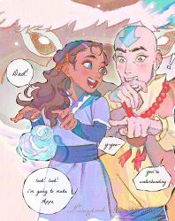  1boy 1girl aang appa artist_name avatar_aang:_the_last_airbender avatar_legends bald bead_necklace beads belt blue_belt blue_dress blue_eyes brown_eyes brown_hair capelet child dark-skinned_female dark_skin dress english_text father_and_child father_and_daughter hair_bun head_tattoo hydrokinesis jewelry kya_(legend_of_korra) lacampanule light_blush long_hair necklace open_mouth orange_capelet parent_and_child parted_bangs shirt sky_bison smile upper_body water yellow_shirt 