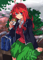  1girl absurdres ahoge bag bench black_jacket blazer blue_bag blue_eyes blush breasts burger closed_mouth collared_shirt commentary_request dappled_sunlight food go-toubun_no_hanayome green_skirt hair_between_eyes hair_ornament highres holding holding_food jacket kagari_liroi long_hair long_sleeves looking_at_viewer nakano_itsuki on_bench open_clothes open_jacket outdoors park_bench pleated_skirt red_hair red_sweater school_bag school_uniform shirt sitting skirt smile solo star_(symbol) star_hair_ornament sunlight sweater sweater_vest white_shirt 