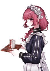  absurdres alternate_costume apron black_nails blunt_bangs bocchi_the_rock! braid closed_mouth commentary_request drinking_straw frilled_apron frills hair_over_shoulder highres hiroi_kikuri holding holding_tray juice kimbird korean_commentary light_blush looking_at_viewer maid maid_headdress nail_polish profile red_hair sidelocks simple_background standing tray upper_body violet_eyes white_apron white_background 