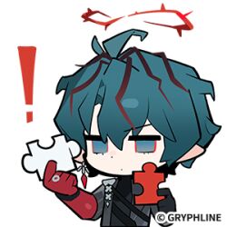  ! 1boy arknights arknights:_endfield arm_strap blue_eyes blue_hair camille_(arknights) chibi chibi_only closed_mouth hair_between_eyes halo hands_up holding holding_puzzle_piece jewelry lowres multicolored_hair official_art pointy_ears puzzle_piece red_hair red_halo sticker_(medium) streaked_hair turtleneck 