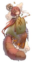  1girl bottle brown_eyes brown_hair checkered_clothes checkered_scarf chinese_commentary commentary_request falling_leaves full_body futatsuiwa_mamizou futatsuiwa_mamizou_(human) glasses hair_ornament haori highres holding holding_smoking_pipe japanese_clothes leaf leaf_hair_ornament long_sleeves long_tail looking_at_viewer raccoon_tail sake_bottle scarf shouxishao_jiuyuan simple_background smile smoke smoking_pipe solo tail touhou white_background wide_sleeves 