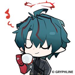  1boy arknights arknights:_endfield arm_strap blue_hair camille_(arknights) chibi chibi_only closed_eyes cup hair_between_eyes halo holding holding_cup jewelry looking_at_viewer lowres male_focus multicolored_hair official_art pointy_ears red_hair red_halo streaked_hair turtleneck u_u 
